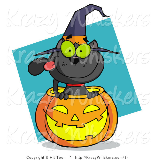 Vector Critter Clipart of a Black Cat Sitting Inside of a Halloween Pumpkin and Wearing with Hat, over a Turquoise Diamond