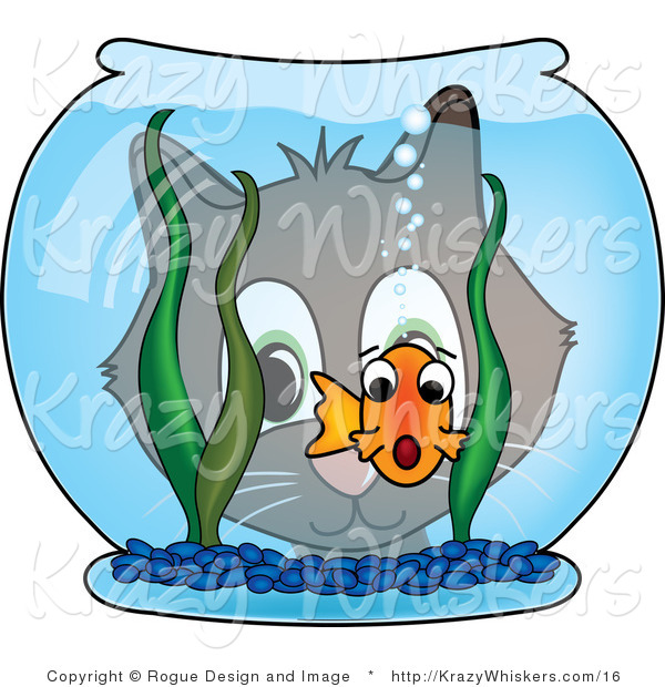 Vector Critter Clipart of a Cat Looking Through a Goldfish Bowl at a Scared Fish