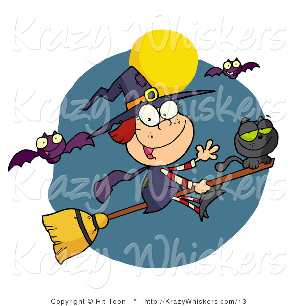 Vector Critter Clipart of a Happy Halloween Witch and Cat Flying Through Bats on a Broom Stick Under a Full Moon