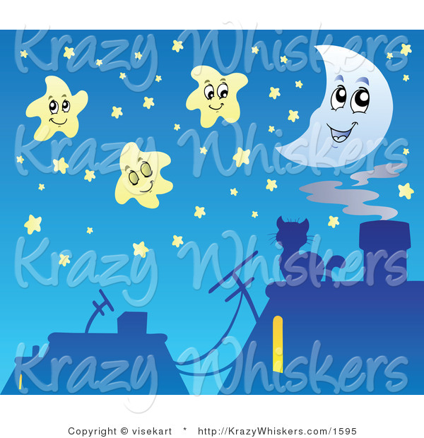 Vector Critter Clipart of a Kitty on a Roof Top Gazing at Stars - Royalty Free