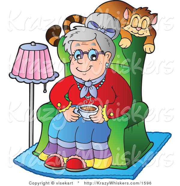 Vector Critter Clipart of a Senior Woman with a Cat Sleeping on Her Chair - Royalty Free