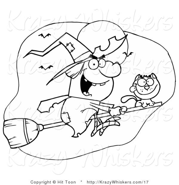 Vector Critter Clipart of an Outlined Flying Cat and Witch Halloween Coloring Page
