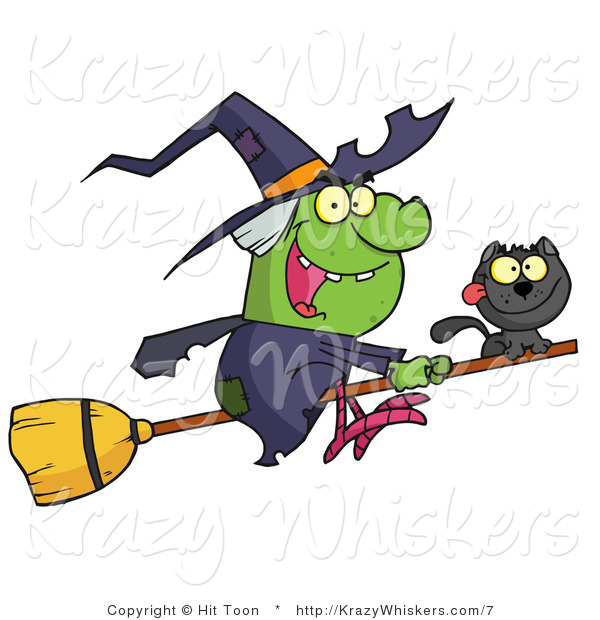 Vector Kitty Clipart of a Cat Riding on a Broomstick with a Witch - Royalty Free