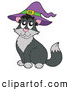 Critter Clipart of a Black and Gray Halloween Cat Wearing a Witch Hat by Visekart