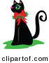 Critter Clipart of a Black Cat Wearing a Christmas Bow and Holly - Royalty FreeBlack Cat Wearing a Christmas Bow and Holly by