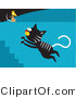 Critter Clipart of a Black Tabby Cat with Gray Stripes Leaping up a Flight of Stairs Towards a Mouse on a Wall by Venki Art