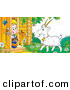 Critter Clipart of a Blond Boy and His Cat Peeking out a Front Door, Looking at a Goat by Alex Bannykh