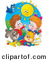 Critter Clipart of a Bright Summer Sun Shining down on a Bird, Dog, Cat, Toys and a Boy and Girl by Alex Bannykh