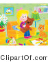 Critter Clipart of a Cat and Girl with a Teddy Bear in a Toy Room - Royalty Free by Alex Bannykh