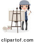 Critter Clipart of a Cat Laying by a Female Artist Holding a Paintbrush and Looking over a Canvas on an Easel by Melisende Vector