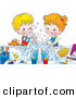 Critter Clipart of a Cheerful Brother and Sister Making a Mess While Washing Their Hands with Soap, a Cat Peeking over the Counter by Alex Bannykh