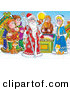 Critter Clipart of a Colorful Painting of a Group of People, Bird, Cat and Dog Around a Treasure Chest and a King of Winter, or Santa Clause by Alex Bannykh