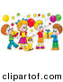 Critter Clipart of a Colorful Picture of a Cat Surrounded by Children and Balloons at a Birthday Party by Alex Bannykh