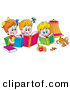 Critter Clipart of a Colorful Picture of a Cat Watching a Boy and His Two Sisters Read Books by Alex Bannykh