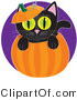 Critter Clipart of a Cute Black Kitten with Big Green Eyes, Peeping out from Inside a Halloween Pumpkin, with the Top on His Head by Maria Bell