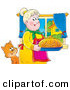 Critter Clipart of a Cute Cat Watching a Grandmother Carrying Fancy Bread in a Kitchen by Alex Bannykh