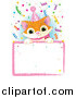 Critter Clipart of a Cute Ginger Kitten Wearing a Party Hat and Looking over a Blank Party Sign with Colorful Confetti by Pushkin