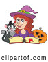 Critter Clipart of a Cute Halloween Witch Reading a Spell Book with a Cat by Visekart