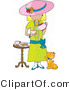 Critter Clipart of a Cute Little Blond Caucasian Girl Dressed in Her Mother's Clothes and Pouring a Pot of Tea into a Cup While a Marmalade Cat Looks up at Her, Waiting for a Treat by Maria Bell