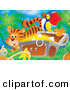 Critter Clipart of a Cute Orange Tiger by a Bird Flying by a Parrot Perched on a Treasure Chest Full of Gold and Diamonds by Alex Bannykh
