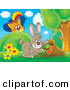 Critter Clipart of a Cute Puss in Boots, the Cat, Watching a Easter Rabbit Stuff Carrots in a Sack by Alex Bannykh