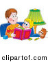 Critter Clipart of a Father Sitting with a Cat and His Daughter, Reading a Book by Alex Bannykh