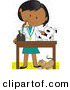 Critter Clipart of a Female Hispanic Veterinarian with a Bird on Her Shoulder, Bandaging up an Injured Puppy, a Cat at Her Feet by Maria Bell