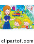 Critter Clipart of a Ginger Cat and a Pair of Kids Getting Help from Mom in a Bathroom by Alex Bannykh