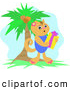 Critter Clipart of a Grinning Happy Hawaiian Cat Holding a Gift near a Palm Tree on Christmas by