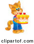 Critter Clipart of a Happy and Cute Striped Kitty Cat in Clothes, Standing on Its Hind Legs and Holding a Birthday Cake by Alex Bannykh