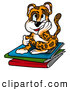 Critter Clipart of a Happy but Tired Leopard Student Sitting Atop a Stack of Folders of Homework by Dero