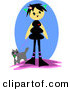 Critter Clipart of a Happy Tan Girl with Black Hair, Walking Her Cat on a Leash by