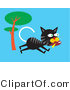 Critter Clipart of a Hungry Black and Gray Alley Cat Running past a Tree and Carrying a Fish in His Mouth by Venki Art