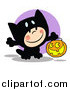 Critter Clipart of a Kid Trick or Treating in a Black Kitty Costume by Hit Toon