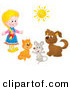 Critter Clipart of a Little Blonde Girl with a Cat, Mouse and Dog Under a Bright Summer Sun by Alex Bannykh