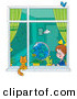 Critter Clipart of a Paper Plane Flying past a School Girl Sitting in a Classroom As She Looks out a Window at a Cat by Alex Bannykh