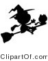 Critter Clipart of a Solid Black Silhouette of a Flying Witch with Cat on Broomstick by Hit Toon