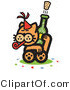 Critter Clipart of a Wild Orange Cat Wearing a Party Hat, Blowing a Party Blower and Popping a Cork off of a Bottle of Champagne by Andy Nortnik