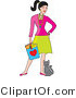 Critter Clipart of a Young White Woman Holding a Shopping Bag and Standing with a Cat Rubbing Against Her Leg by Maria Bell