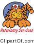 Critter Clipart of an Orange Cat with Crazy Whiskers Wearing a White Nursing Hat with a Red Cross on It Above Text Reading "Veterinary Services" by Andy Nortnik