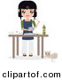 Critter Clipart of AWhite Cat Resting by a Table Where Black Haired Caucasian Woman Prepares Food by Melisende Vector