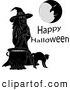 Critter Clipart of Happy Halloween Text with a Moon Man, Witch, Cauldron and Cat by Pams Clipart