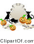Critter Clipart of Three Black Cats and Halloween Jack O Lanterns Around a Shield and Banner by AtStockIllustration