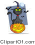 Royalty Free Vector Critter Clipart of a Evil Black Cat Wearing a Witch Hat Sitting on a Jack O Lantern, with Bats and a Full Moon by Hit Toon