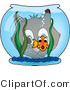 Vector Critter Clipart of a Cat Looking Through a Goldfish Bowl at a Scared Fish by Pams Clipart