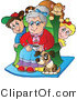 Vector Critter Clipart of a Pup and Cat with Grand Kids and Granny - Royalty Free by Visekart