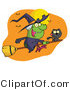 Vector Critter Clipart of a Wicked Halloween Witch and Her Black Cat Flying by Bats and a Full Moon on a Broom Stick by Hit Toon