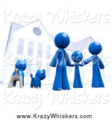 Critter Clipart of a 3d Blue Family and Pets in Front of Their Home by Leo Blanchette