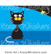 Critter Clipart of a Black and Gray Tabby Cat Sitting and Pretending He Doesn't Know a Mouse Is Behind Him While the Mouse Creeps Forward by Venki Art
