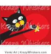 Critter Clipart of a Black and Gray Tom Cat with Fast Reflexes, Reaching out and Grasping a Scared Mouse in His Paw by Venki Art